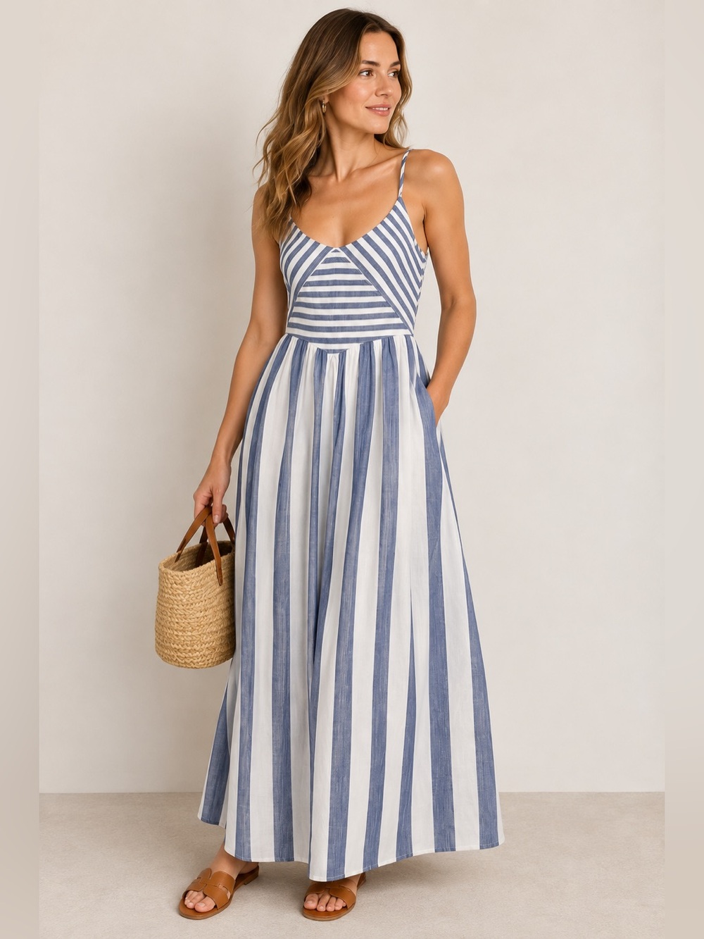 Torn by Ronny Kobo Striped Maxi Dress Blue White Size M NWT